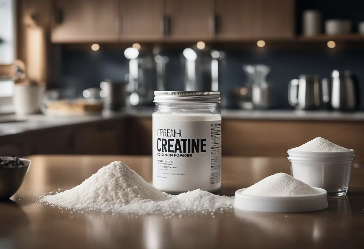 A container of creatine powder sits on a kitchen counter, next to a glass of water. The powder is being scooped into the glass, creating a cloud of dust