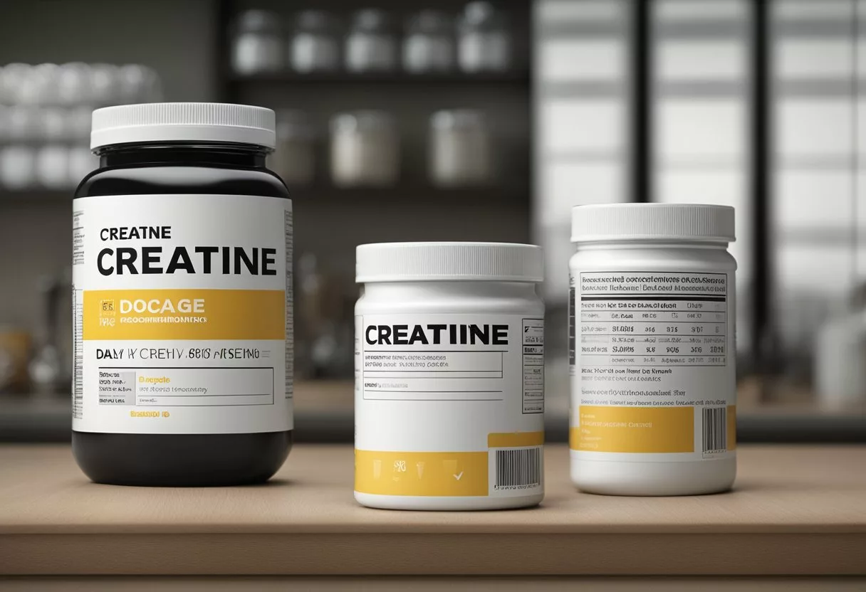 A jar of creatine sits on a countertop with a label showing usage and dosage recommendations. A calendar on the wall behind it has every day crossed off, indicating daily use