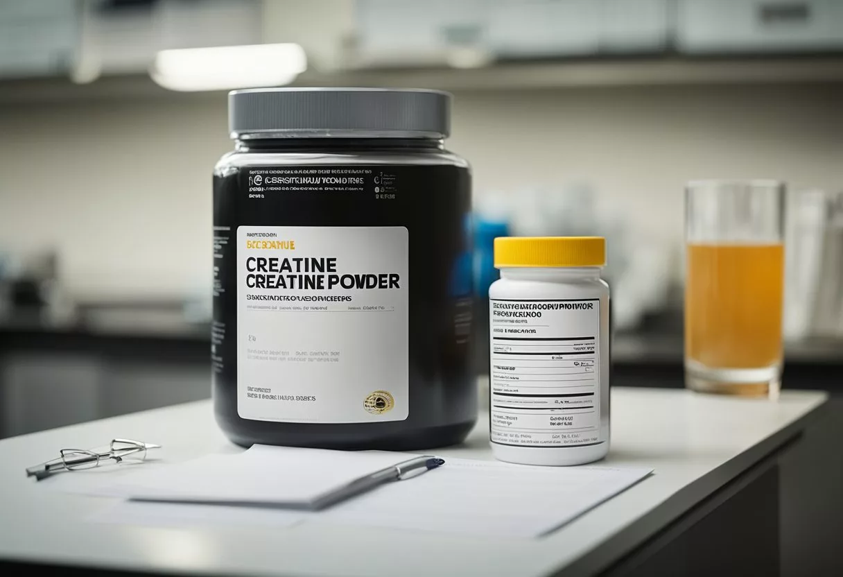 A jar of creatine powder sits on a laboratory table next to a stack of research papers and guidelines. A scientist's notebook is open, filled with data and observations about the effects of daily creatine consumption