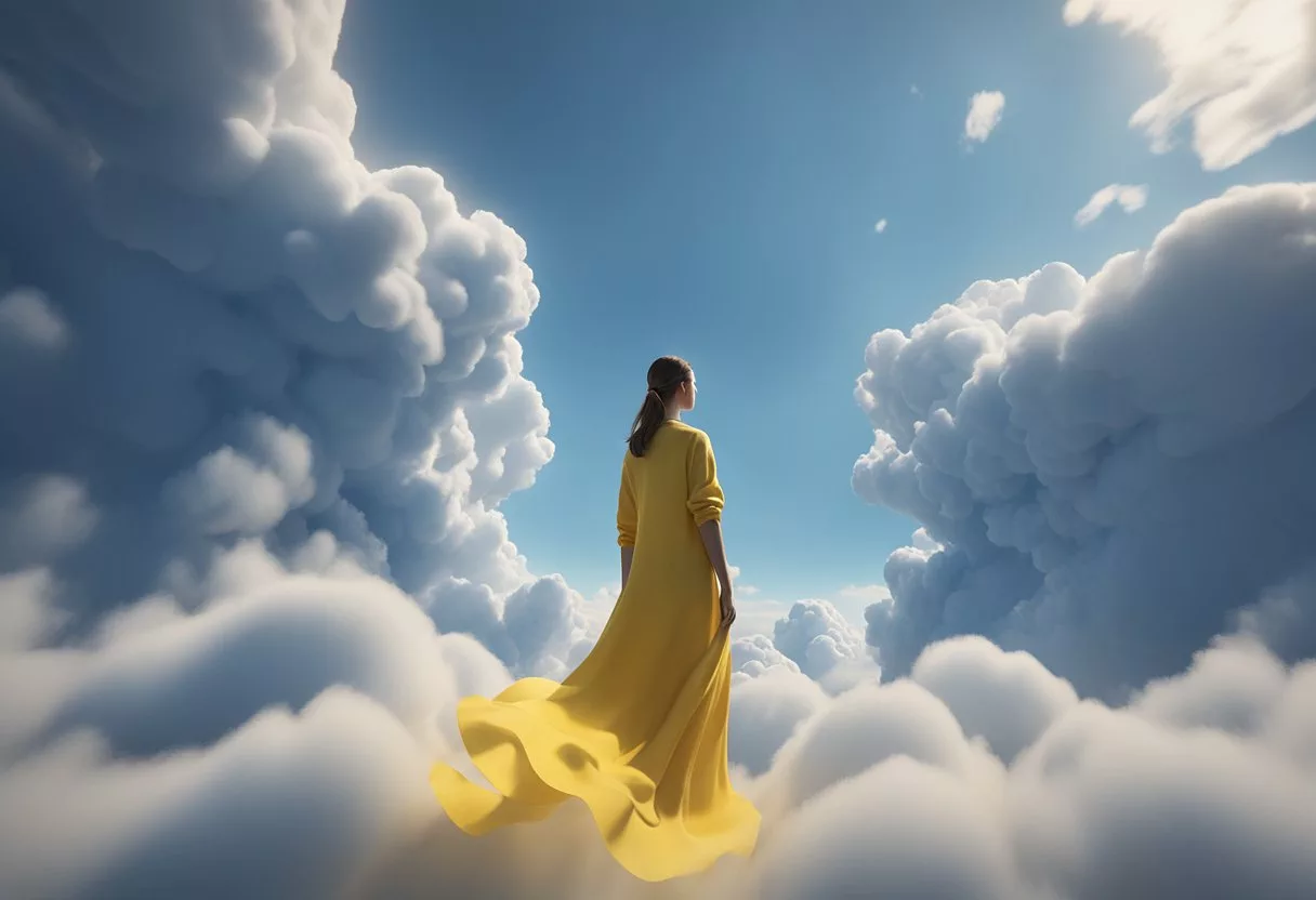 A serene figure surrounded by swirling clouds of blue and yellow, with a sense of calm and tranquility emanating from the scene