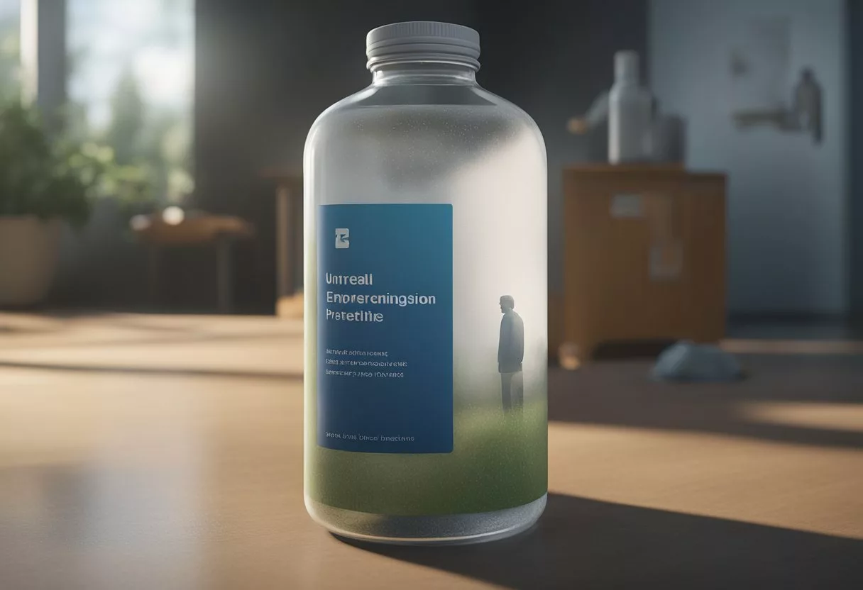 A calm, serene setting with a personified probiotic bottle offering relief to a distressed figure, surrounded by a cloud of anxiety and depression