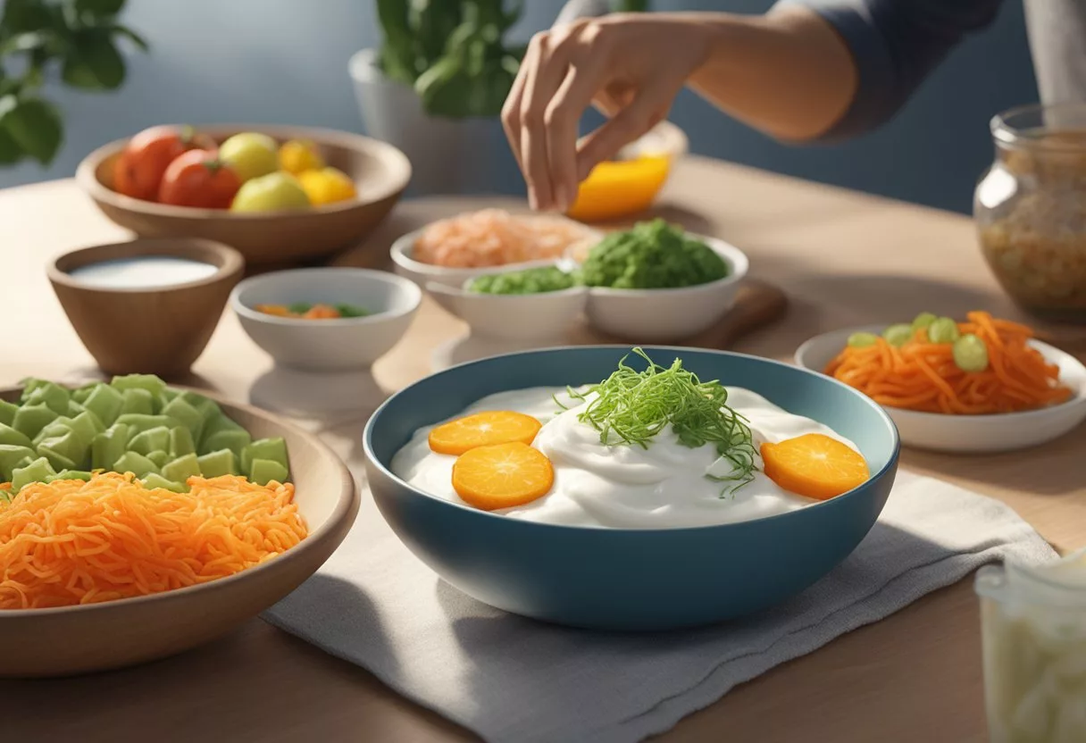 A colorful plate of diverse foods, including yogurt, kefir, sauerkraut, and kimchi. A person exercises and meditates in the background