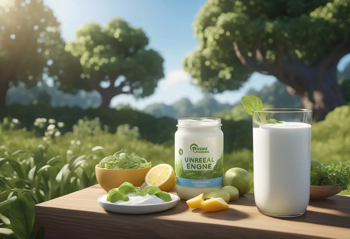A serene landscape with a clear blue sky and lush greenery, showcasing various probiotic-rich foods like yogurt, kefir, and sauerkraut