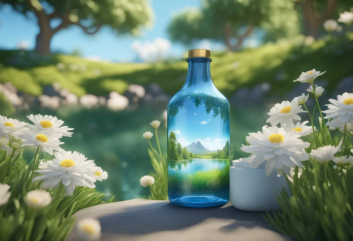 A serene setting with a clear blue sky and lush green landscape, featuring a bottle of probiotics surrounded by calming elements like flowers and gentle flowing water