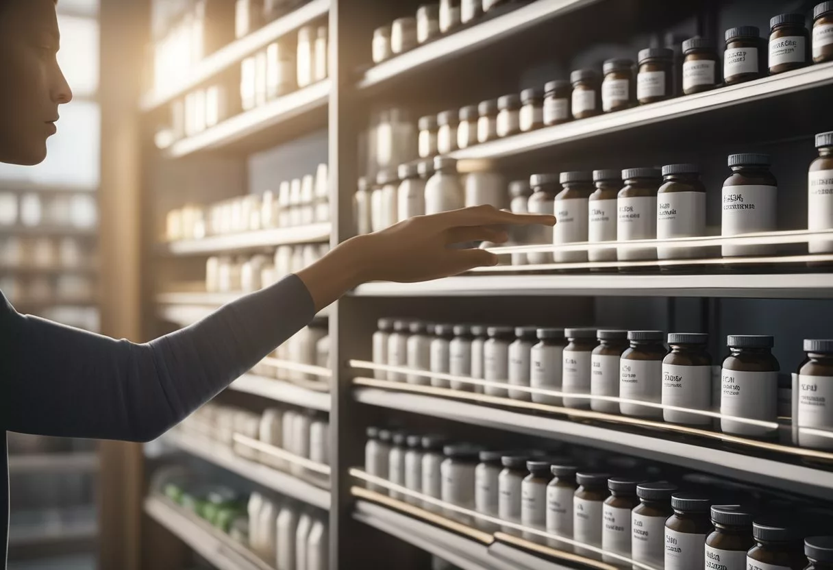 A hand reaches for a bottle of probiotic supplements labeled "Best for depression and anxiety." Various other supplement bottles are displayed on a shelf in the background
