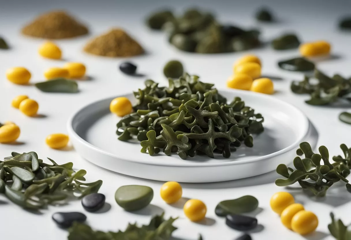 Bladderwrack sits on a white background, surrounded by icons of vitamins and minerals. A scale tips in favor of benefits, with a caution sign for side effects
