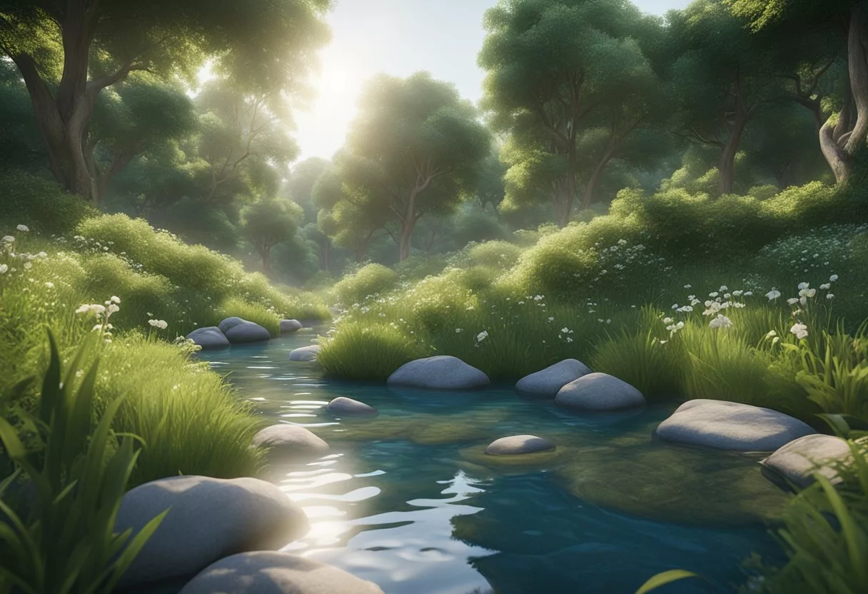A serene landscape with a clear blue sky, lush greenery, and a peaceful stream, symbolizing the calming and uplifting effects of probiotics on mental health