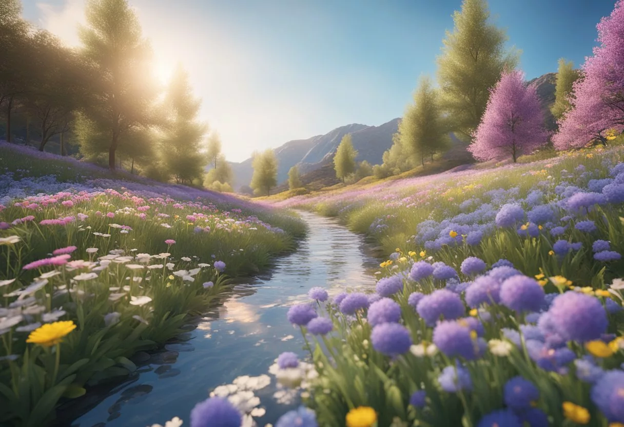 A serene landscape with colorful, blooming flowers and a clear blue sky, representing the positive impact of probiotics on mental health