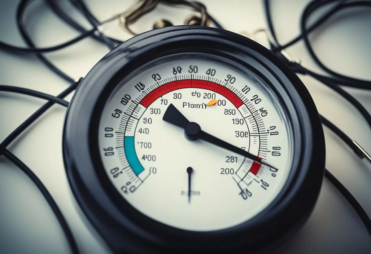 A thermometer with a needle in the red zone, surrounded by tangled wires and a ticking clock