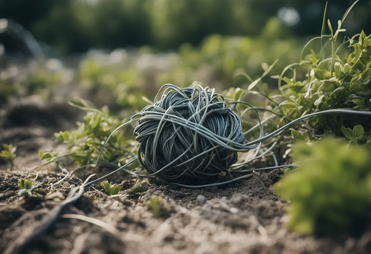 A tangled knot of frayed wires, pulsing with erratic energy, surrounded by wilted plants and cracked earth