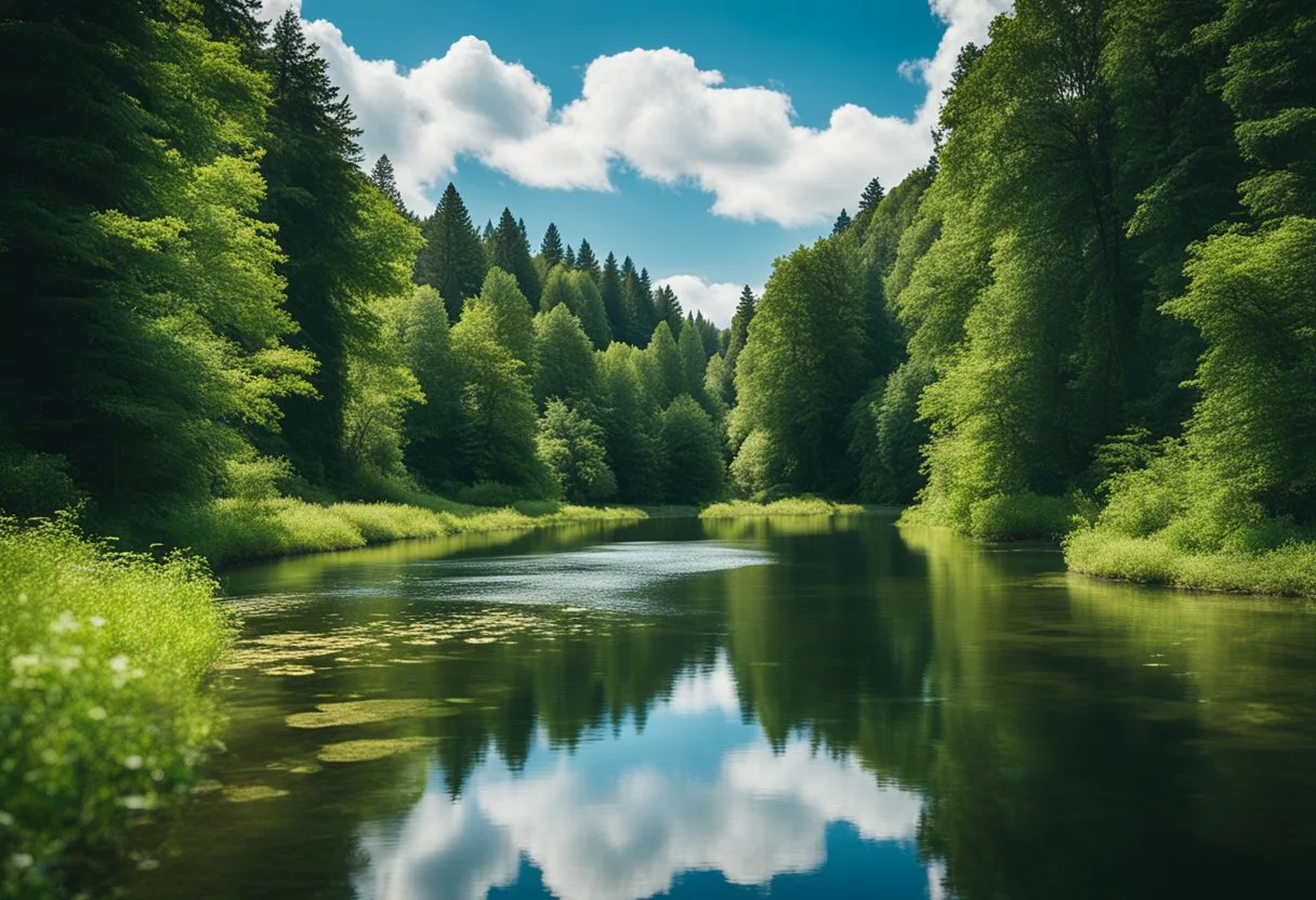 A serene landscape with a calm river flowing through a lush, green forest, with a clear blue sky and gentle breeze