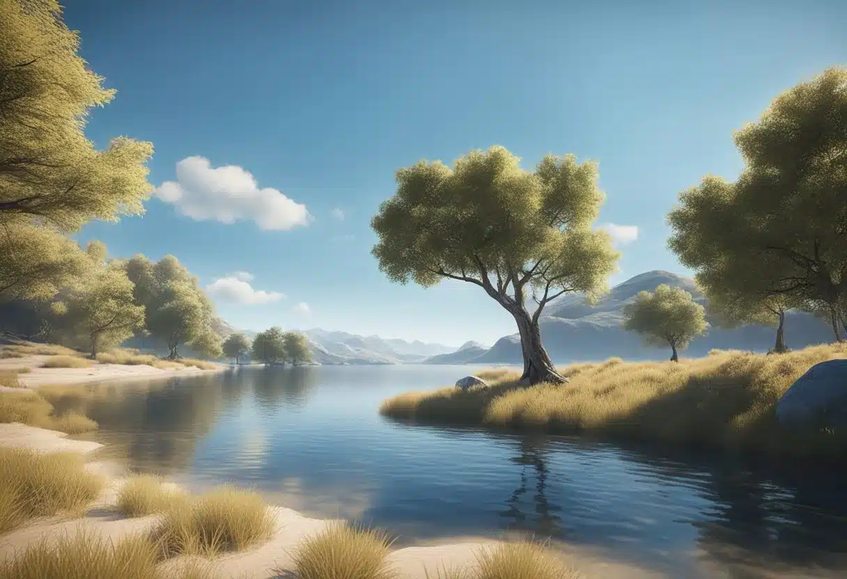 A serene landscape with a clear blue sky, a calm body of water, and a lone tree standing tall, representing the peace and tranquility that comes with forgiveness