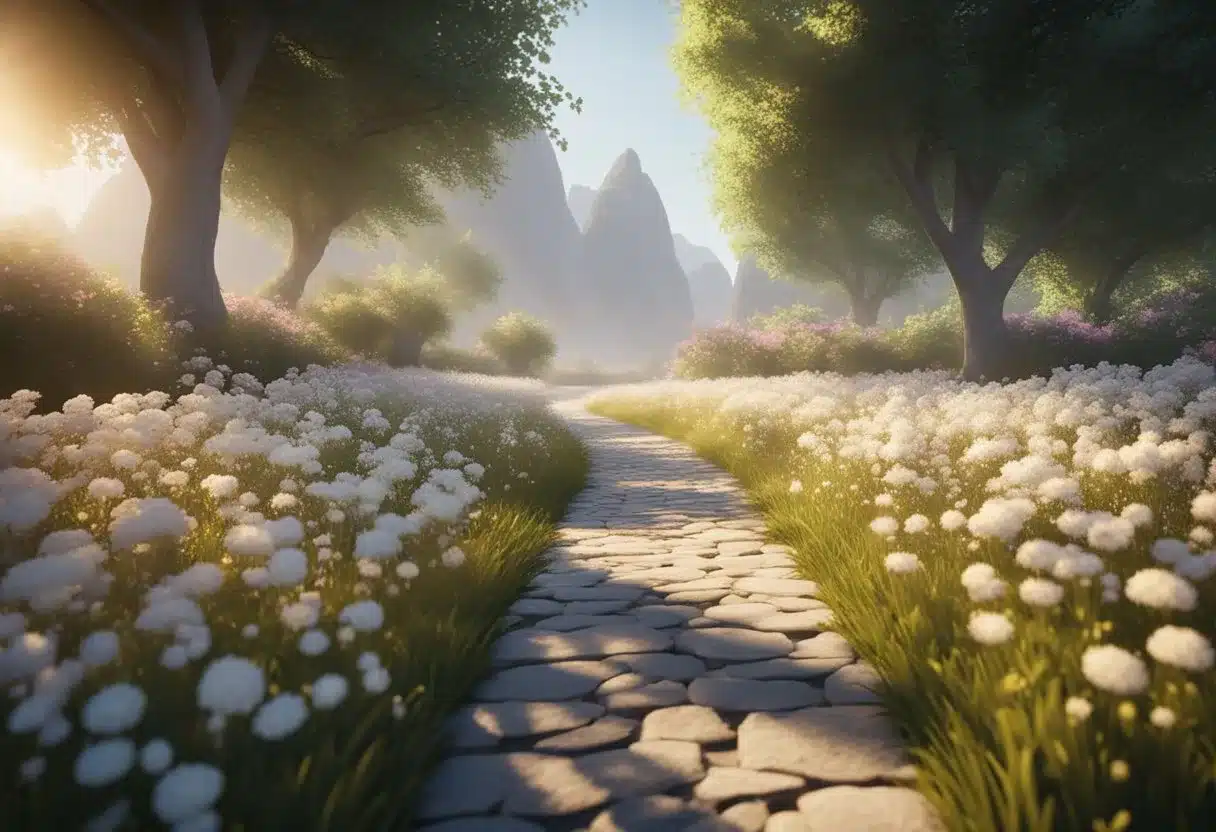 A serene, radiant light shining down on a path surrounded by blooming flowers, symbolizing the benefits of forgiveness in spiritual and ethical dimensions
