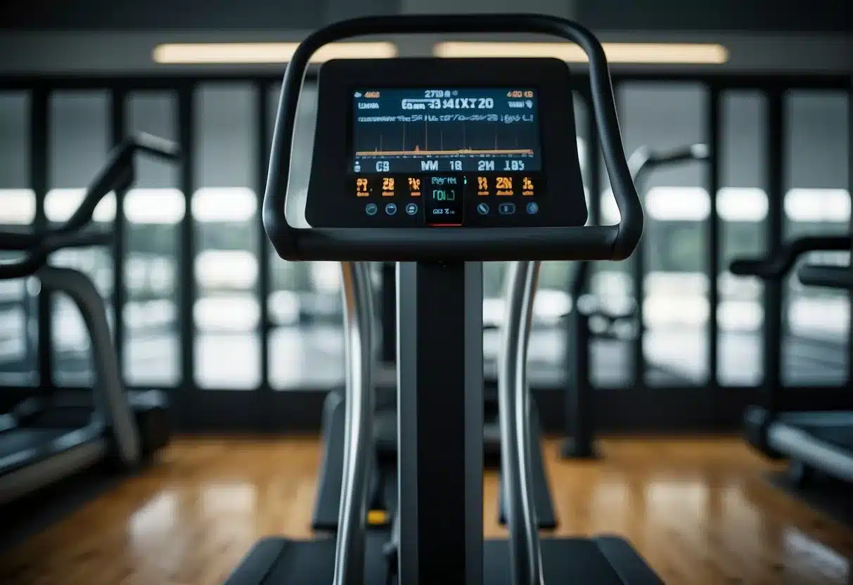 A treadmill set at a moderate speed, with a digital display showing the distance covered and the calories burned