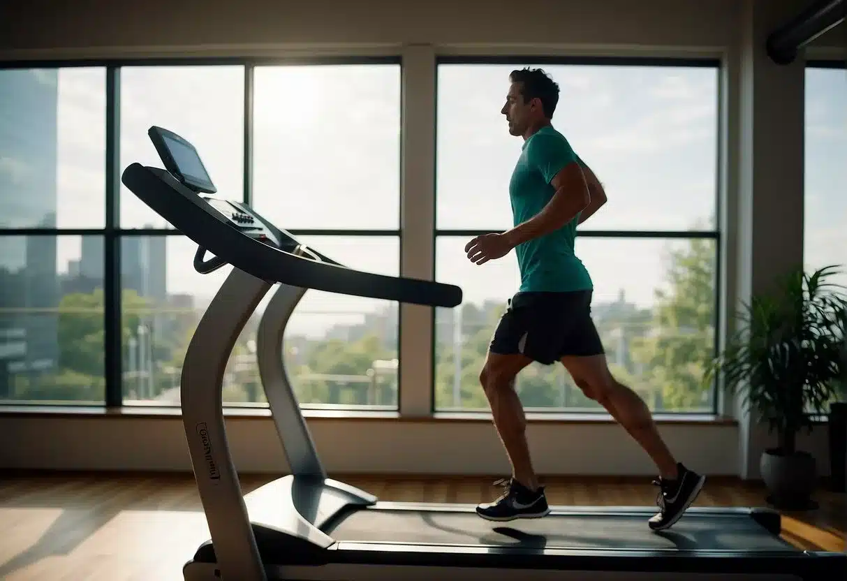 A person walks briskly on a treadmill, sweat glistening on their forehead as they focus on their pace. The digital display shows the speed and calorie burn rate increasing with each step