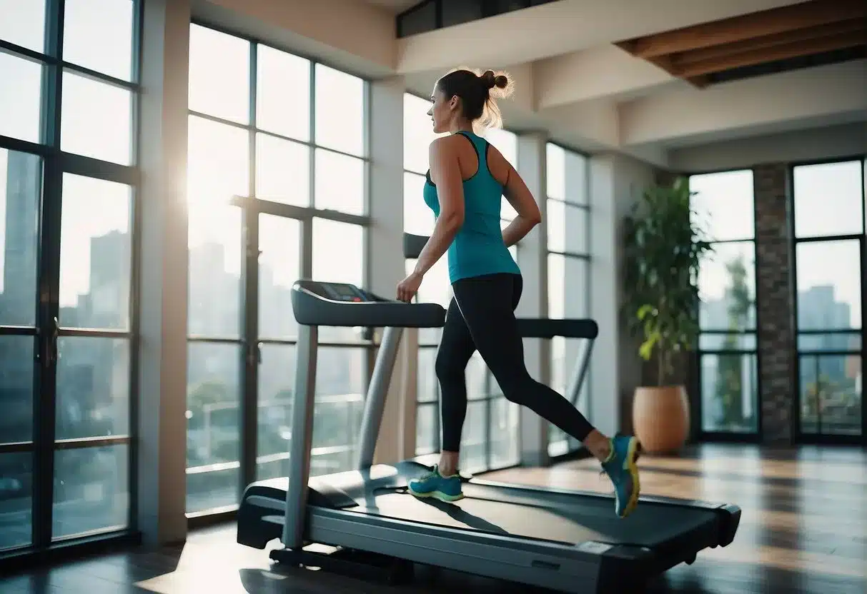 A person walking on a treadmill at a moderate to brisk pace, with the treadmill set at an incline for an effective weight loss workout