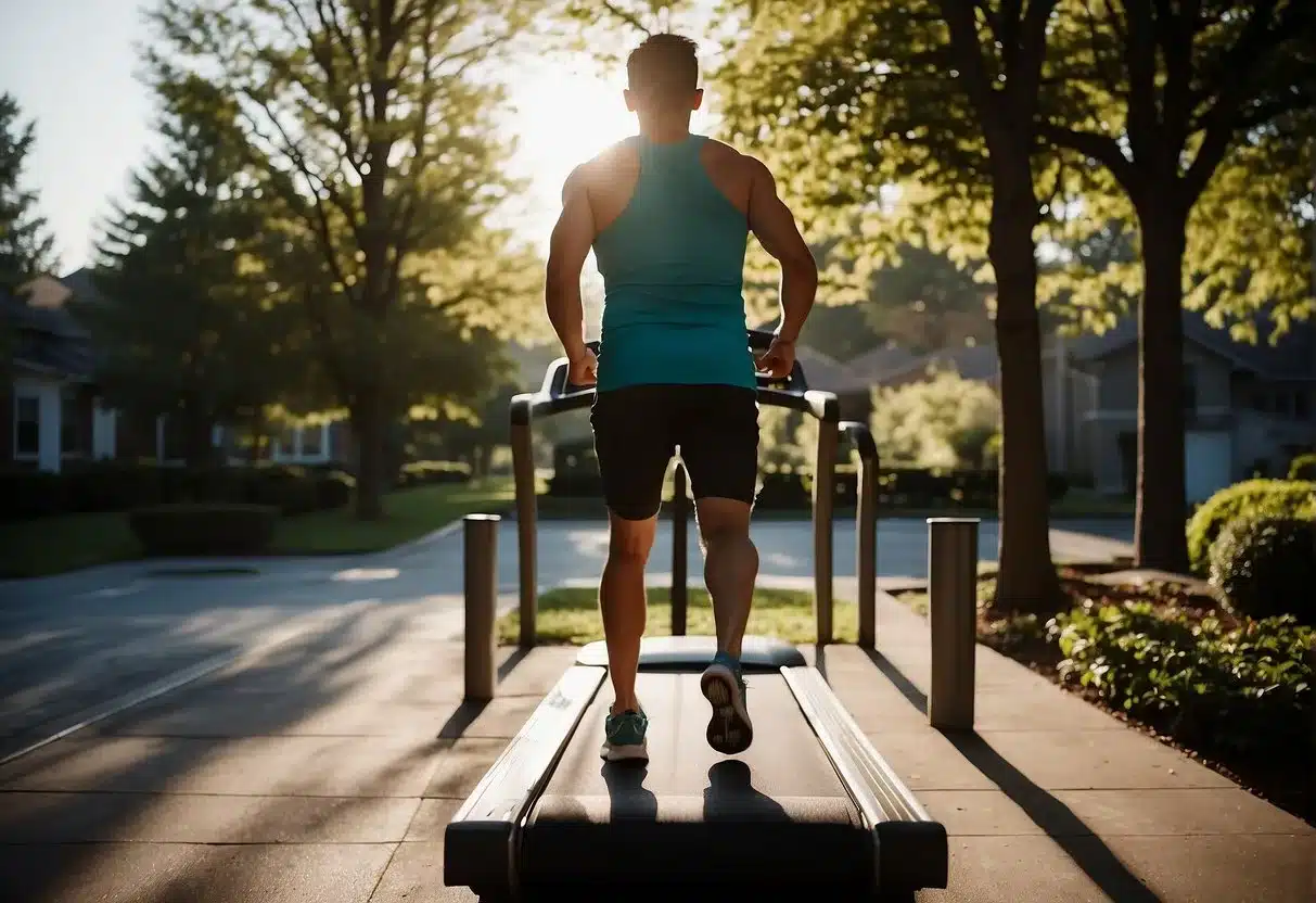 A person walks briskly on a treadmill, sweat glistening on their forehead. The speed is set at a moderate pace, enough to raise the heart rate and promote weight loss