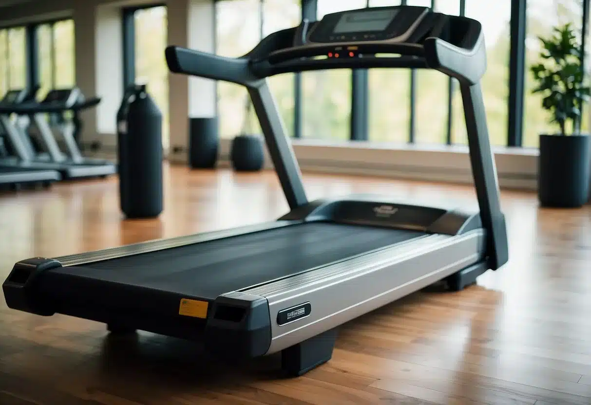 A treadmill set at a brisk pace, with a digital display showing speed and distance. A water bottle and towel nearby
