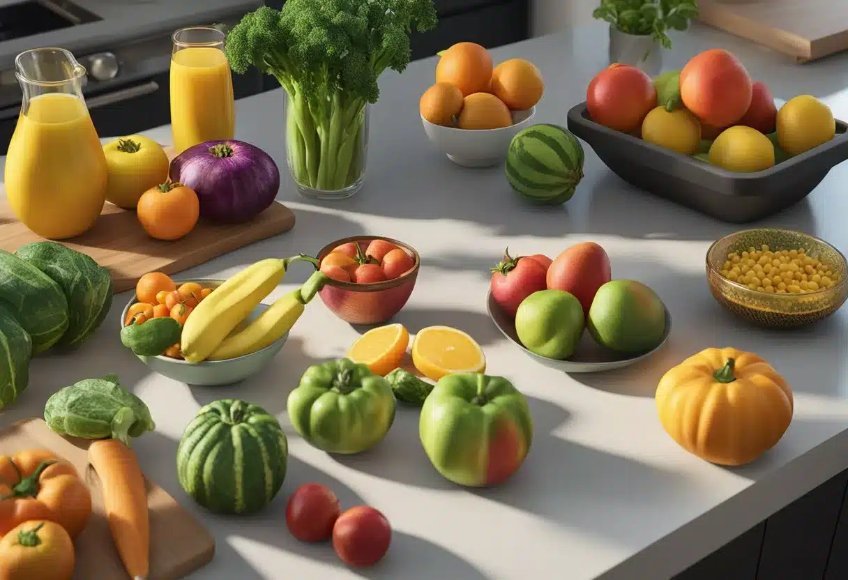A colorful array of fresh fruits and vegetables arranged on a kitchen counter, with a cookbook open to a page titled "Practical Guidance for Adopting a Vegan Lifestyle."