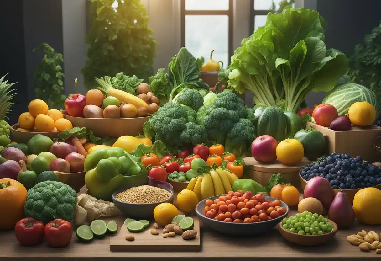 A colorful array of fresh fruits, vegetables, nuts, and grains spread out on a table, with vibrant green leafy vegetables and a variety of plant-based dishes
