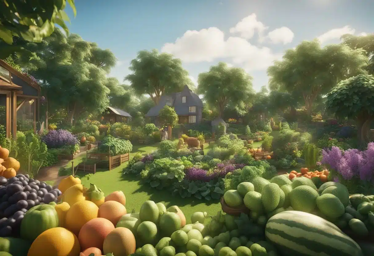 A lush garden with vibrant fruits and vegetables, surrounded by happy animals and sustainable farming practices