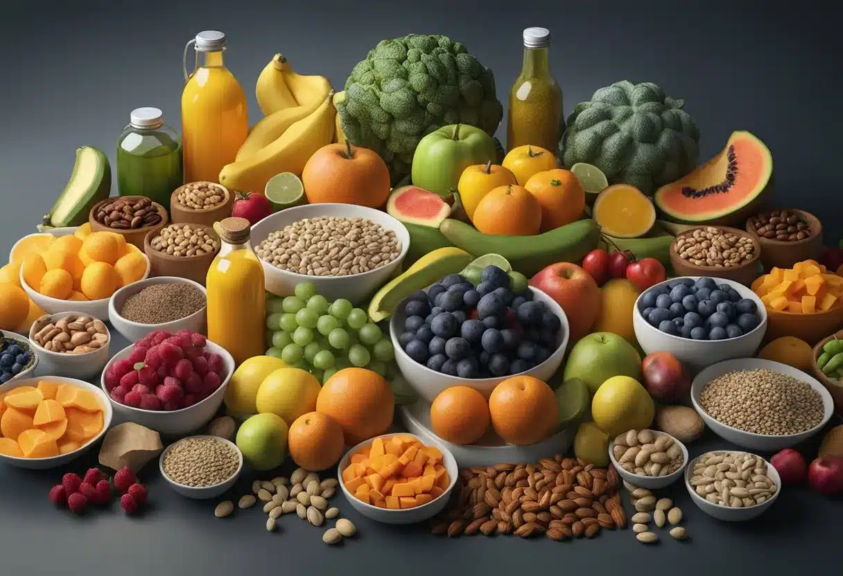 A colorful plate filled with a variety of fruits, vegetables, nuts, and seeds, surrounded by bottles of essential vitamins and supplements