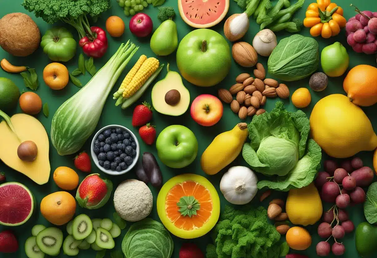 A colorful array of fruits, vegetables, nuts, and grains, with a vibrant green leafy backdrop, symbolizing the health benefits and disease prevention of a vegan diet