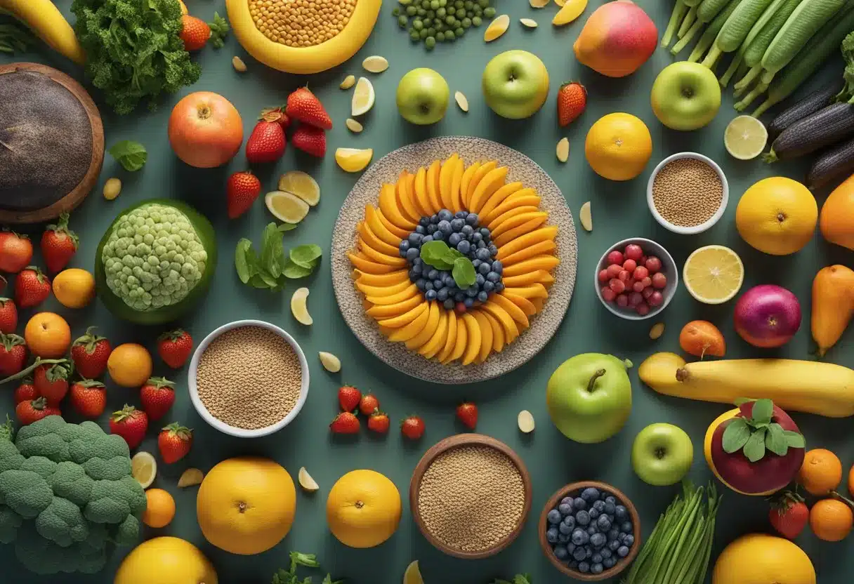 A table with colorful fruits, vegetables, and grains. A variety of plant-based foods displayed to showcase the health benefits of a vegan diet at different life stages