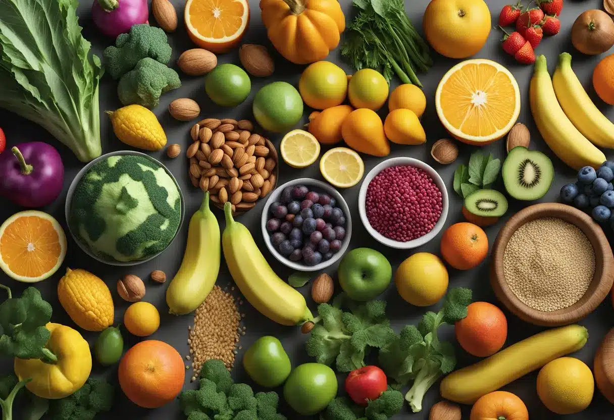 A colorful array of fresh fruits, vegetables, nuts, and grains, arranged on a table. A variety of plant-based foods symbolizing the nutritional advantages of a vegan diet