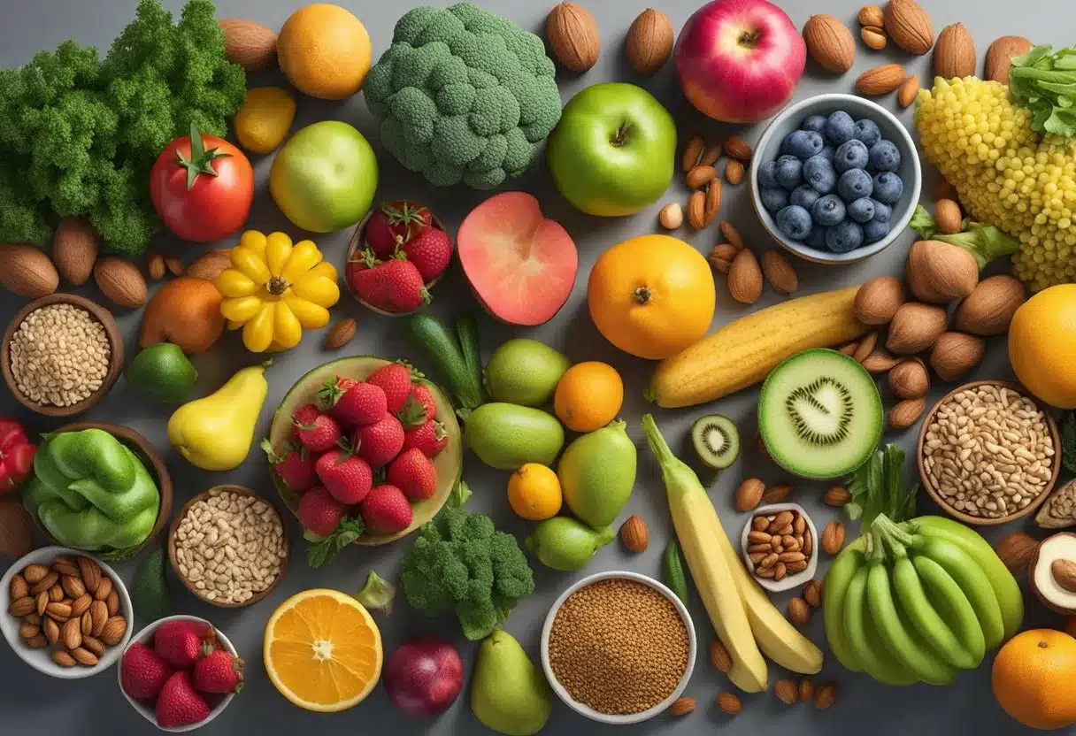 A colorful array of fruits, vegetables, grains, and nuts arranged on a table with a banner reading "Frequently Asked Questions Eating vegan health benefits"