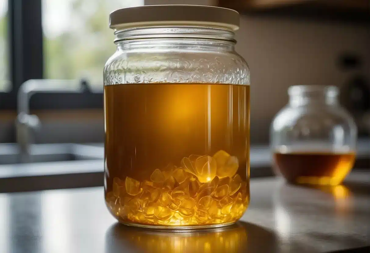 A glass jar sits on a countertop, filled with tea and a SCOBY floating on top. A cloth covers the jar, allowing the fermentation process to take place