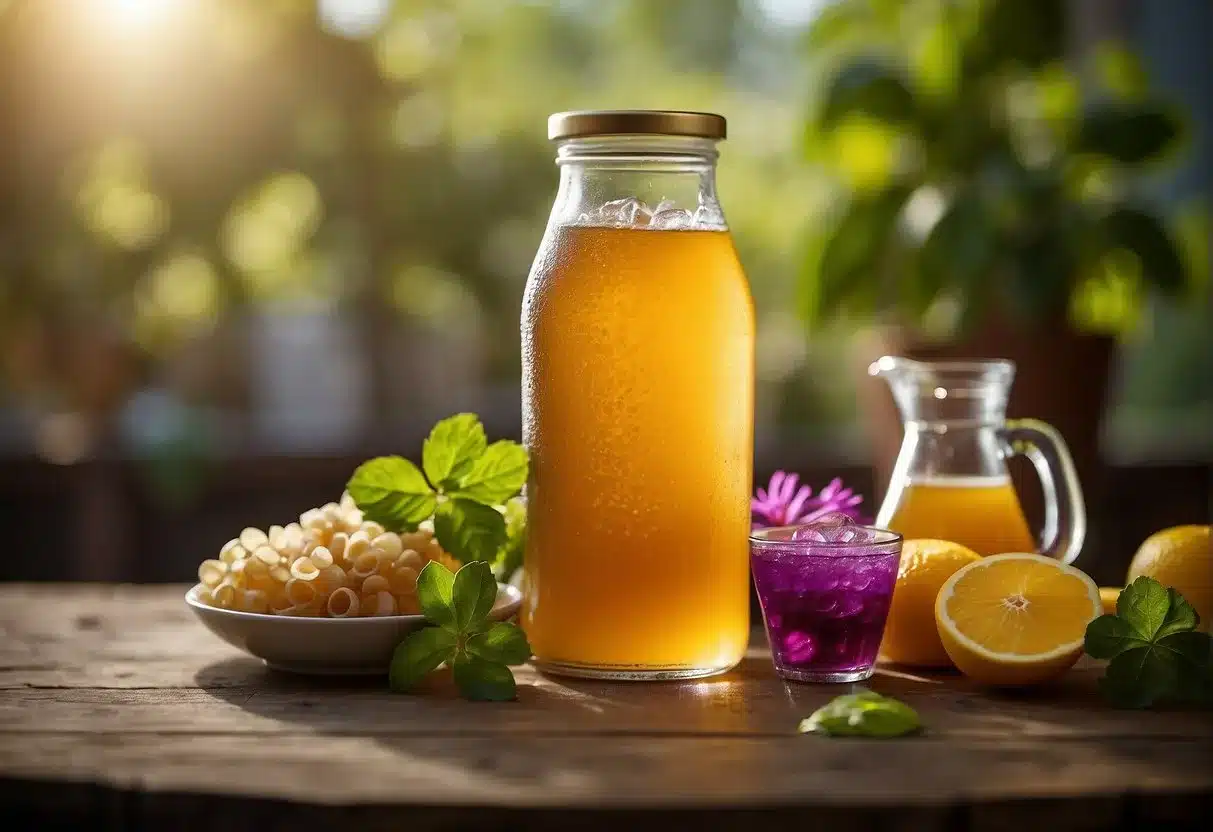 Bubbling kombucha tea surrounded by vibrant, healthy ingredients with a cautionary label nearby