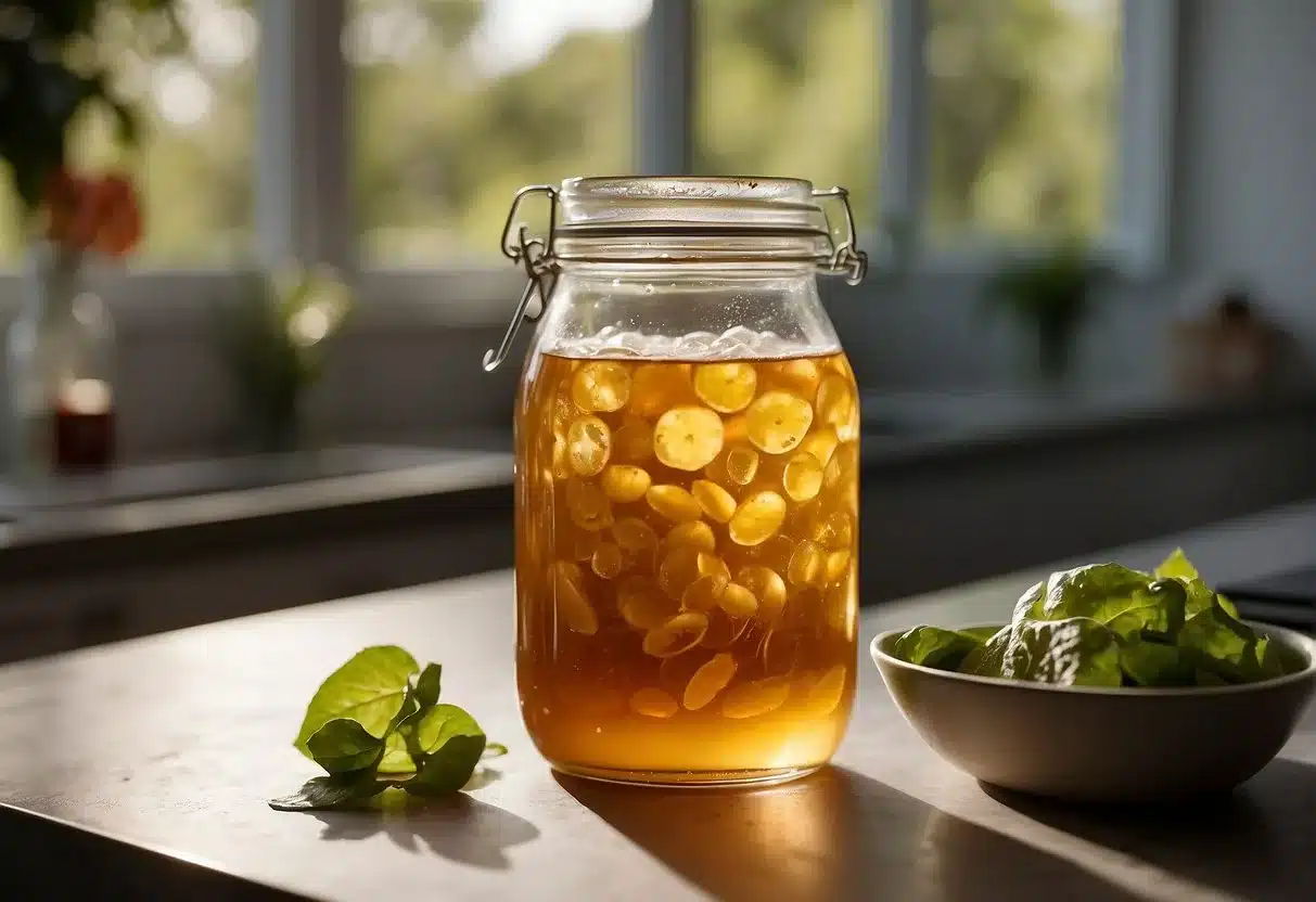 A glass jar of fermenting kombucha sits on a kitchen counter. A SCOBY floats on the surface, surrounded by bubbles. A small cup of kombucha is poured into a glass, ready to be enjoyed