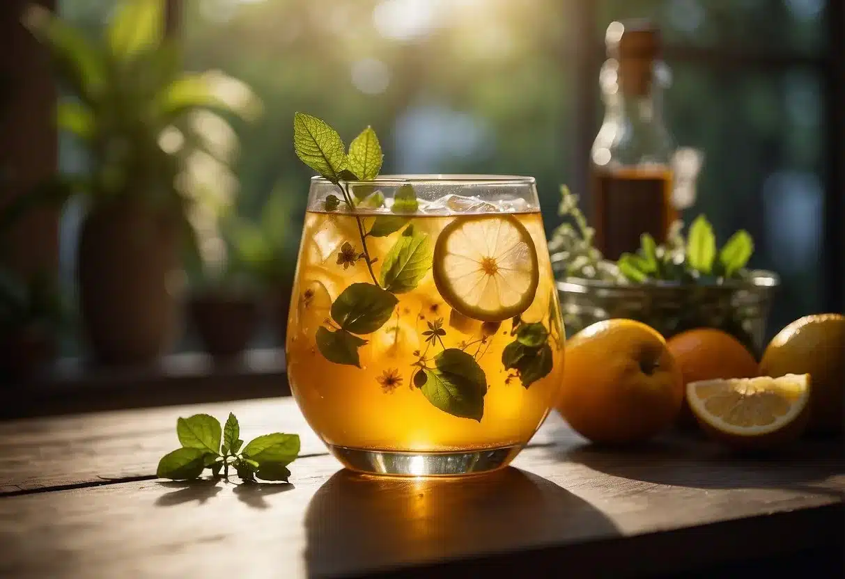 A glass of kombucha tea surrounded by various fruits and herbs, with a radiant glow emanating from the drink
