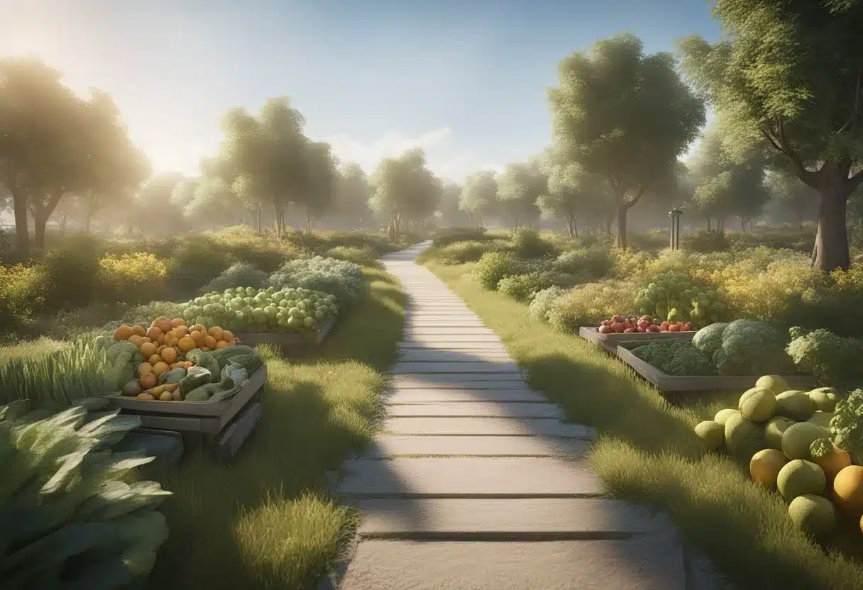 A serene, natural setting with a clear pathway leading towards a bright, hopeful future. Surrounding the path are symbols of healthy living such as fresh fruits, vegetables, and exercise equipment