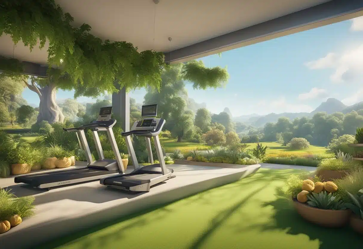 A vibrant, green landscape with a clear blue sky, featuring a variety of healthy foods, exercise equipment, and relaxation spaces