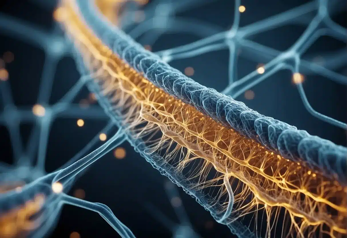 A microscope revealing collagen fibers intertwining in a matrix, supporting skin and connective tissues