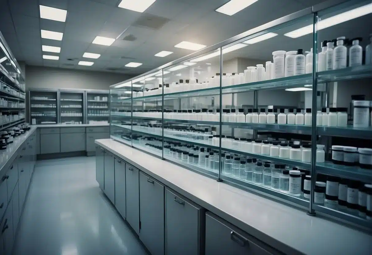 A laboratory setting with shelves of collagen supplements, quality control equipment, and safety protocols displayed