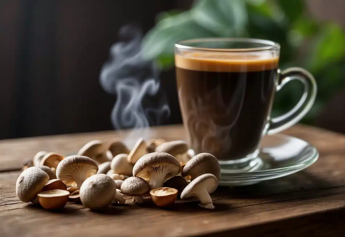 A steaming cup of mushroom coffee sits next to a bottle of constipation relief pills on a wooden table