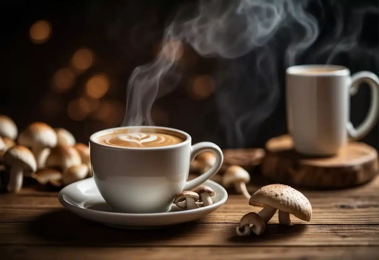 A steaming cup of mushroom coffee sits on a wooden table, with a pile of mushrooms nearby. The scene is cozy and inviting, with a warm and earthy atmosphere