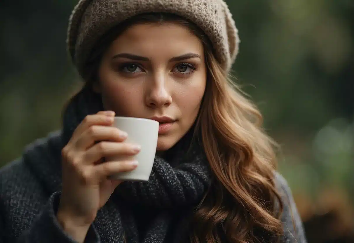 A person sipping mushroom coffee with a pained expression, holding their stomach