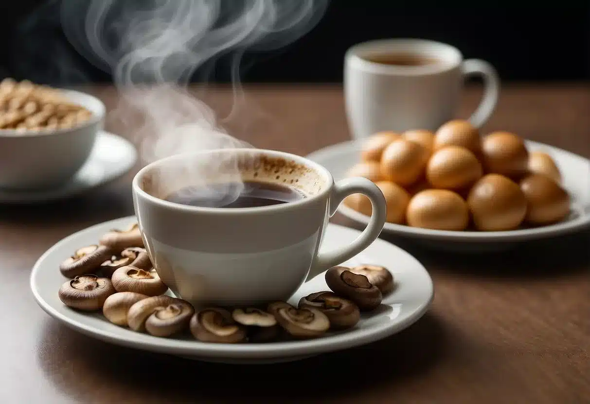 A steaming cup of mushroom coffee sits on a table next to a plate of fiber-rich foods, with a subtle hint of discomfort in the background