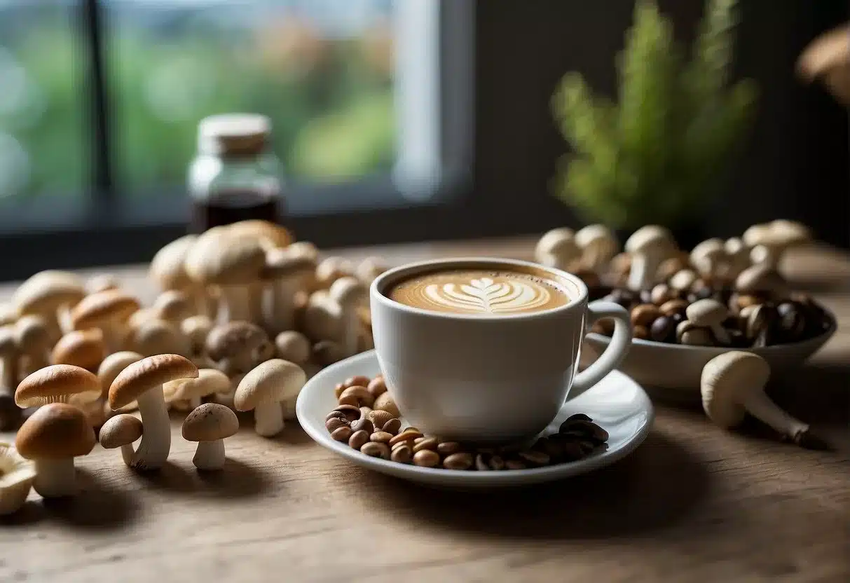 A cup of mushroom coffee sits on a table, surrounded by a variety of mushrooms. A bottle of constipation relief medication is visible nearby