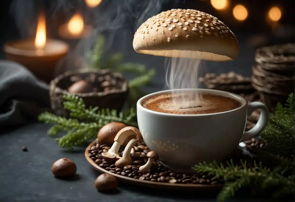 A steaming cup of mushroom coffee sits next to a relaxed digestive system, with a clear pathway for waste elimination