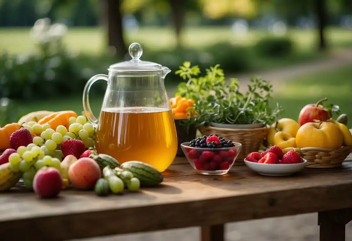A table filled with colorful fruits, vegetables, and whole grains. A person taking a walk in a lush green park. A cup of herbal tea with a steaming aroma