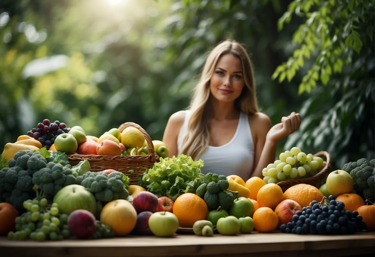 Lush greenery and fresh fruits and vegetables surround a person, creating a sense of natural appetite suppression for weight loss