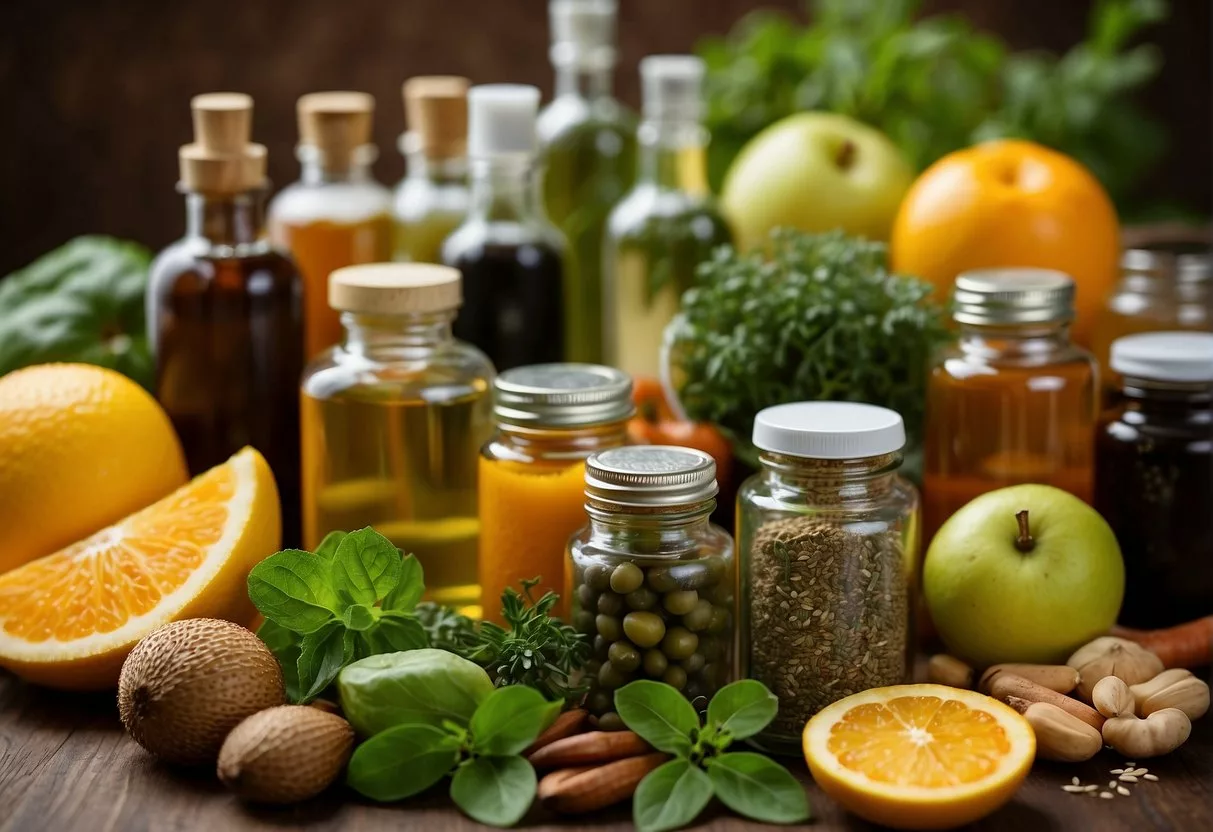 A variety of natural suppressants and remedies, such as fruits, vegetables, and herbs, are shown in a colorful array, symbolizing their potential for appetite suppression and weight loss