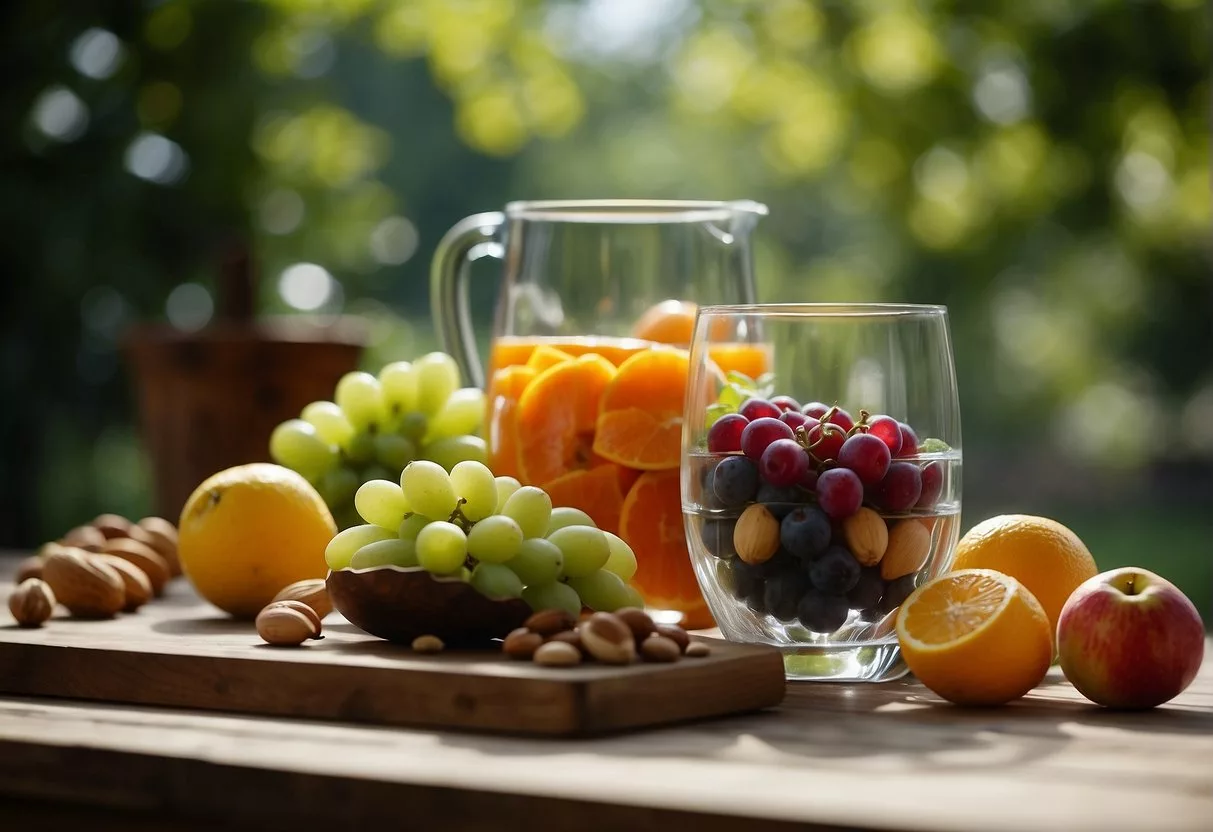 A table with fruits, vegetables, and nuts. A person reaching for a glass of water. A serene environment with greenery and natural light