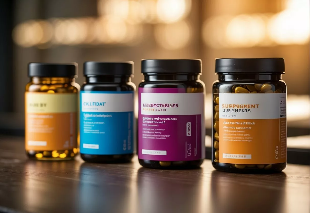 Five bottles of supplements arranged in a row, each labeled with the name and benefits of the supplement. Bright, colorful packaging and clear, easy-to-read text
