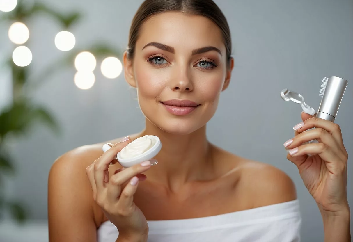 A woman applies a firming cream to her loose skin, surrounded by various non-surgical skin tightening tools and products